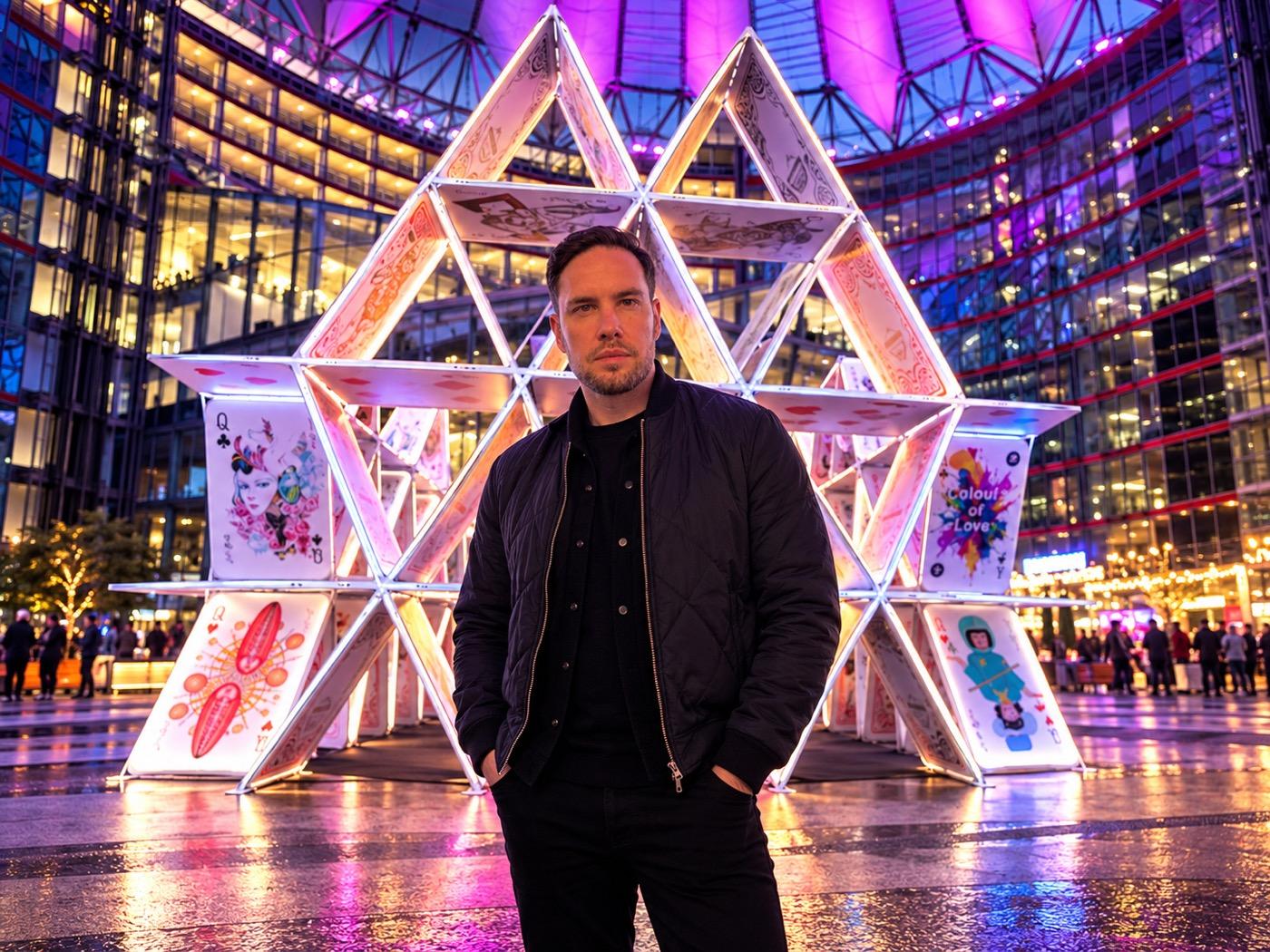 David Millert vor dem leuchtenden Kartenhaus beim Festival of Lights in Berlin
